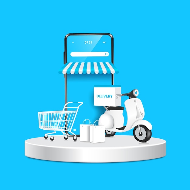 Smartphone store moto o scooter carro de compras y bolsas de compras en podio redondo 3d aislado en fondo azul para compras en línea y diseño de concepto de entrega