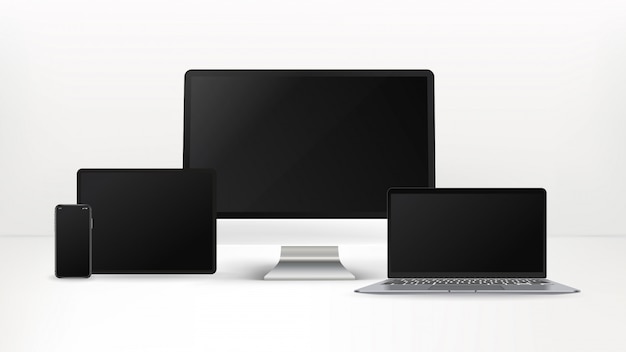 Smartphone, tableta, computadora personal, computadora portátil aislada en el fondo blanco. Dispositivos realistas y detallados.