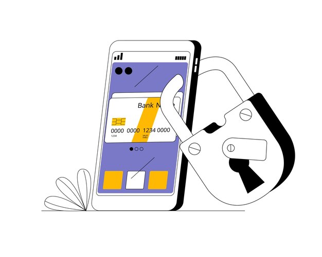 Smartphone con tarjeta de crédito y candado Perfil con datos personales