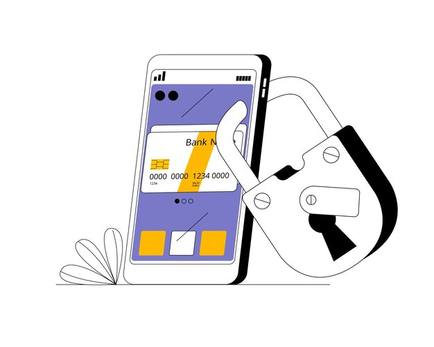Vector smartphone con tarjeta de crédito y candado perfil con datos personales