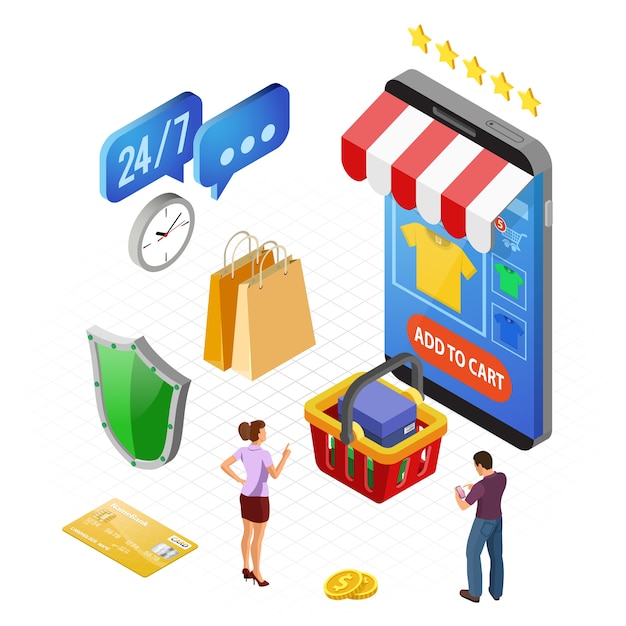 Smartphone con tienda online, tarjeta de crédito, cliente. Compras en Internet y concepto de pagos electrónicos en línea. Iconos isométricos. aislado