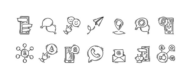Smartphone usando el conjunto de iconos de doodle Esbozo dibujado a mano chatbot robot en línea