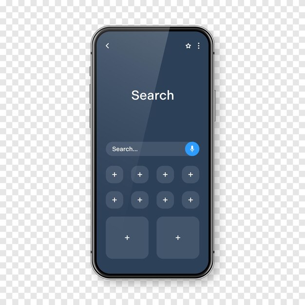 Smartphone con ventana de navegador de Internet en blanco y barra de búsqueda modo oscuro motor de sitio web con búsqueda