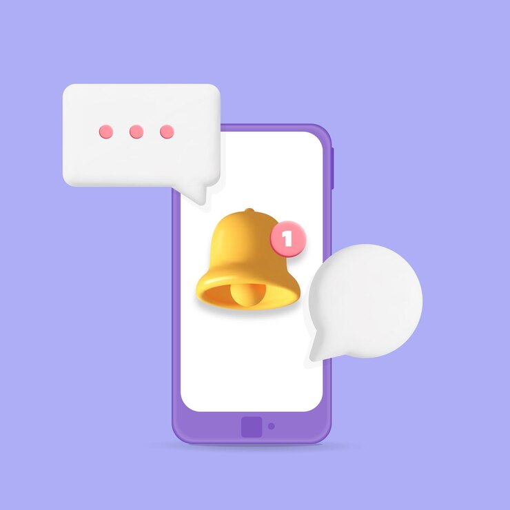 Smartphone violeta vectorial 3d con ilustración de diseño de maqueta de notificación de campana de llamada de recordatorio