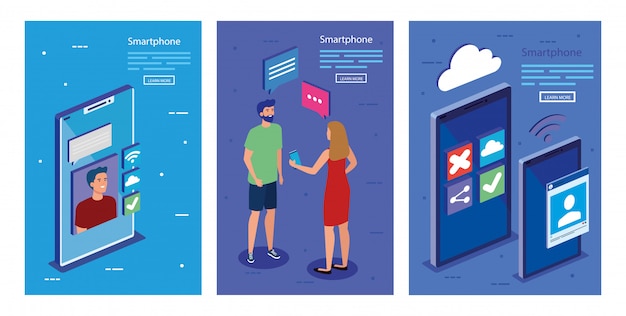 Smartphones isométricos y diseño vectorial de personas