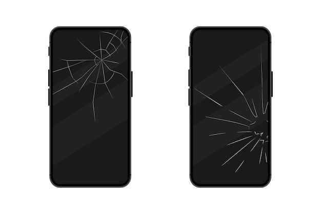 Vector smartphones negros con pantalla rota. pantalla de teléfono móvil rota. toque el teléfono inteligente con pantalla rota. pantalla de teléfono inteligente agrietada. ð¡ell reparación de pantalla de daños por rotura de teléfono