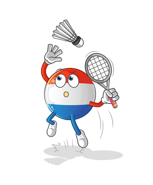 Smash de bandera holandesa en vector de mascota de dibujos animados de dibujos animados de bádminton