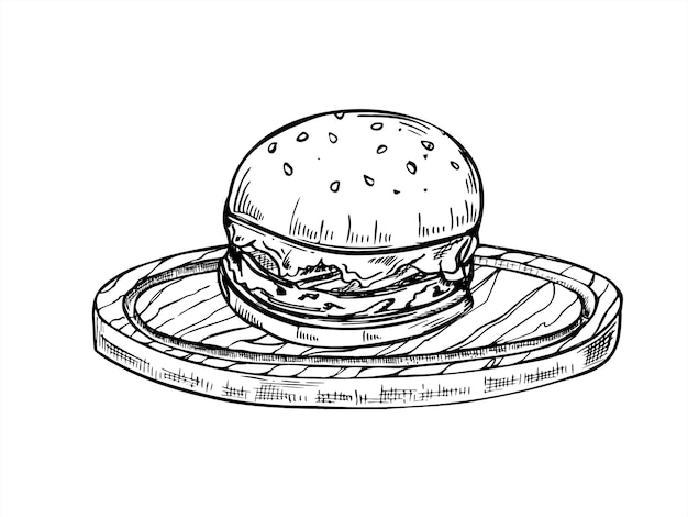 Smash burger servido en tabla redonda de madera ilustración vectorial pintada con tintas negras dibujo de grabado de sándwich de carne sana casera clásico para menús de restaurantes conceptos de entrega de alimentos