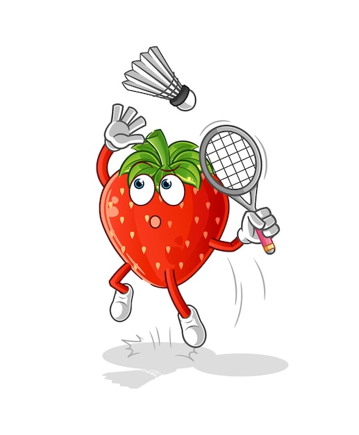 Smash de fresa en vector de mascota de dibujos animados de dibujos animados de bádminton