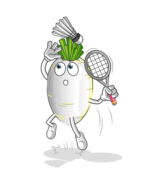 Smash de rábano blanco en vector de mascota de dibujos animados de dibujos animados de bádminton