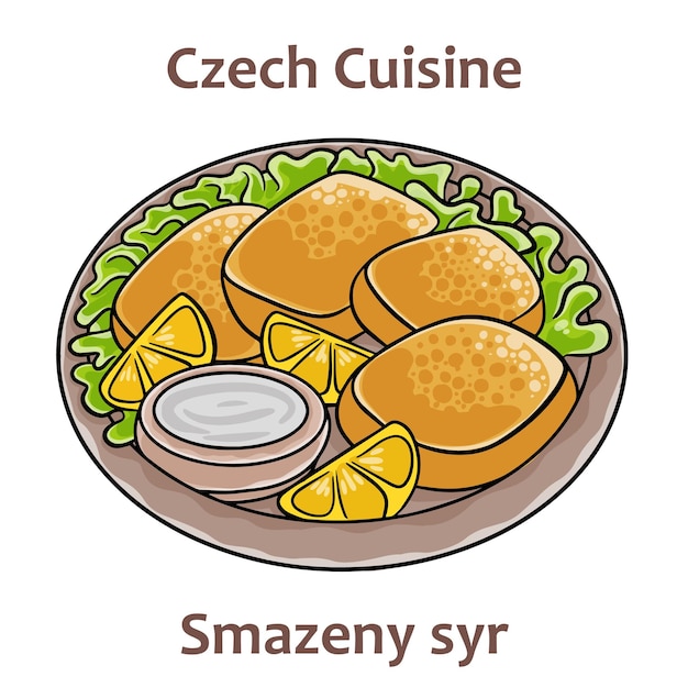 Smazeny syr Es un plato de queso frito servido con ensalada de patatas o patatas fritas Normalmente se sirve con salsa tártara o mayonesa Comida checa Imagen vectorial aislada