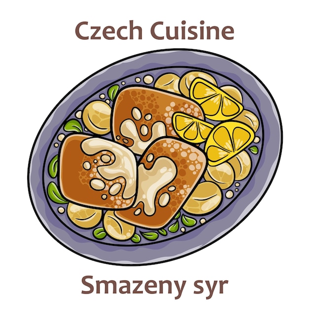 Smazeny syr Es un plato de queso frito servido con ensalada de patatas o patatas fritas Normalmente se sirve con salsa tártara o mayonesa Comida checa Imagen vectorial aislada