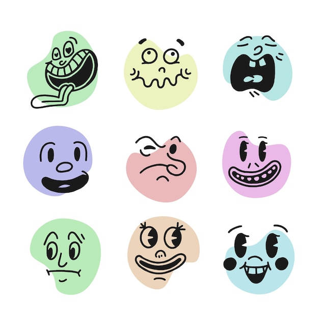 Smiley face retro emoji caras de personajes de dibujos animados de los años 30 sonrisa cómica vintage