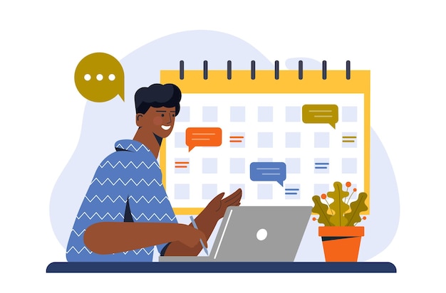 Smiling man working on a laptop while scheduling tasks using a large calendar flat style with speech