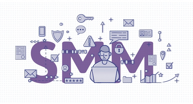 Smm, marketing en redes sociales. banner de concepto con un carácter, letras e iconos. ilustración coloreada sobre fondo de medios tonos.