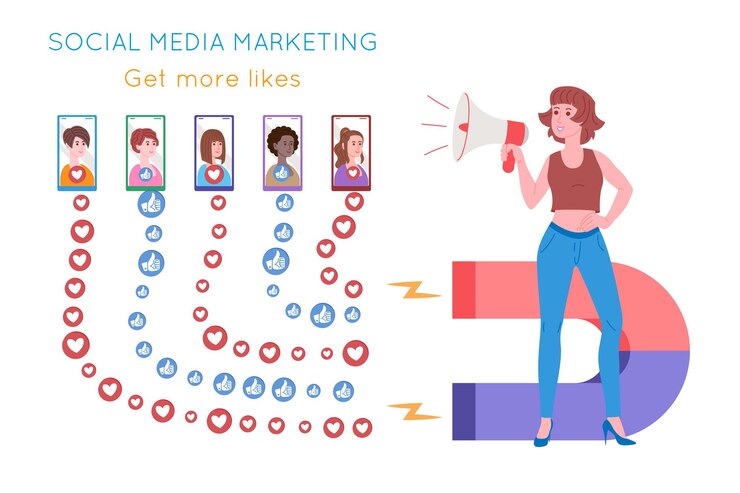 Vector smm, marketing en redes sociales, promoción digital en internet, red social. banner de agencia de smm. la mujer atrae corazones y le gusta con un imán. ilustración de vector de dibujos animados para servicios publicitarios.