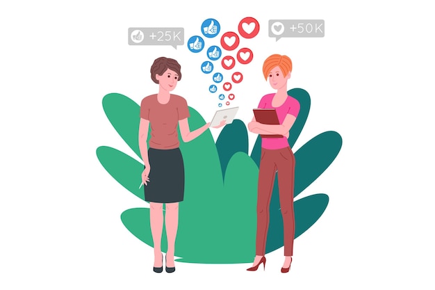 Smm, marketing en redes sociales, promoción digital en internet, red social. Banner de agencia de SMM. Las mujeres están evaluando una estrategia de promoción y marketing. Ilustración de vector de dibujos animados para publicidad.