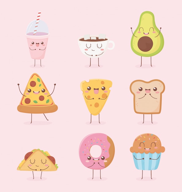 Vector smoothie cup chocolate pizza queso pan donut kawaii comida personaje de dibujos animados diseño