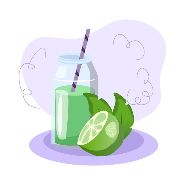 Smoothie verde en botella con paja en el púrpura
