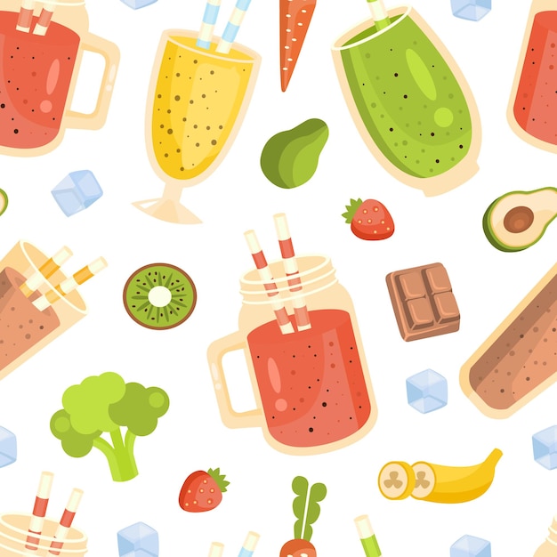 Smoothies e ingredientes Patrón sin costuras cócteles de vitaminas sabrosos y nutritivos Elemento de diseño del menú de un restaurante o cafetería Se puede usar para embalaje de papel tapiz Fondo Ilustración vectorial de dibujos animados