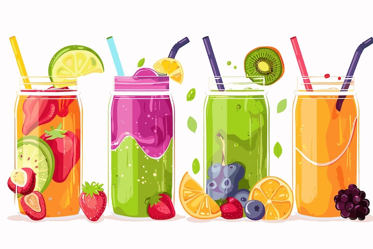 Vector smoothies con frutas y bayas frescas frutas frescas alimentos saludables concepto vegano de desintoxicación