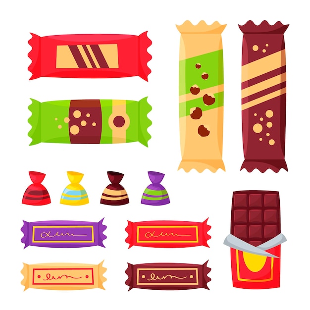 Snack set chocolate productos de comida rápida desierto dulce o dulces con nuez para máquina expendedora elementos de tienda de alimentos para lonchera o vector de estilo de dibujos animados de diseño de mercado