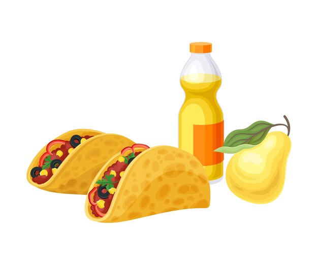 Snacks para el almuerzo con tacos y botella de jugo aislados en fondo blanco Composición vectorial Nutrición para comidas rápidas Concepto de alimentos de volumen detallado