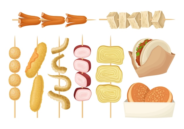 Snacks picantes con carne y mariscos con conjunto vectorial