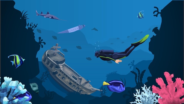 Snorkel en aguas profundas bajo el agua azul oscuro explorar barco hundido Barco hundido en el fondo del mar cerca de peces de arrecife de coral y tiburón blanco Faro y fragata de madera se estrelló en el fondo marino Ilustración vectorial