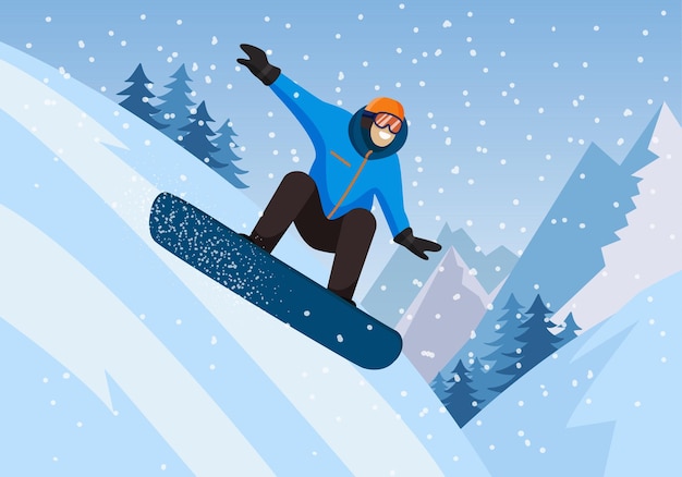 Snowboard snowboarder se desliza sobre el fondo de montañas nevadas actividades deportivas extremas