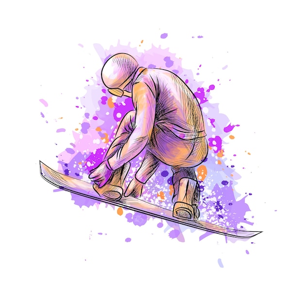 Snowboarder abstracto de un toque de acuarela, boceto dibujado a mano. ilustración de pinturas