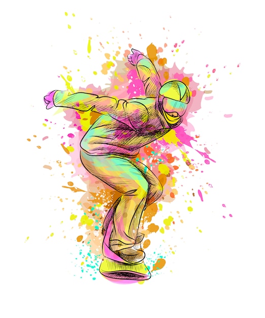 Vector snowboarder abstracto de un toque de acuarela, boceto dibujado a mano. ilustración de vector de pinturas