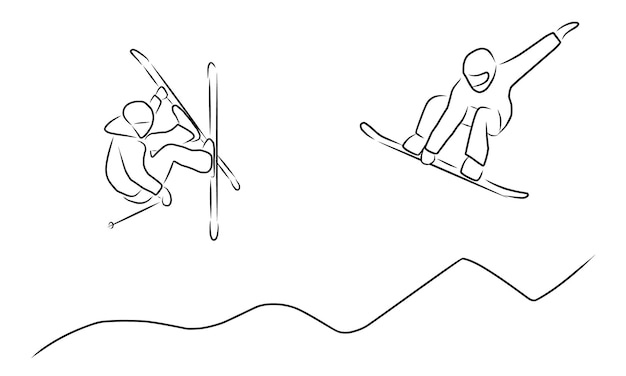 Snowboarder y esquiador vector de boceto dibujado a mano