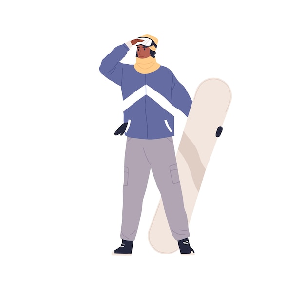 Snowboarder de pie con snowboard en la mano. Persona que usa equipo deportivo y sostiene una tabla de nieve. Mujer de piel oscura con ropa deportiva de invierno. Ilustración de vector plano aislado sobre fondo blanco.