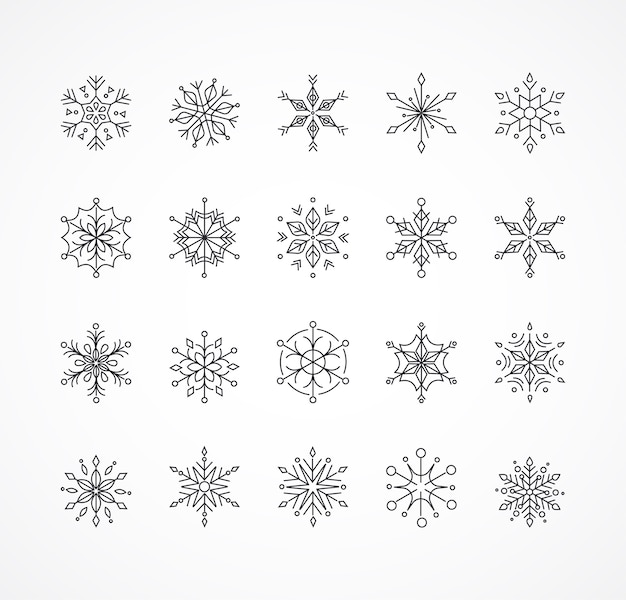 Snowlakes, adornos navideños de arte de línea geométrica, patrón y fondo