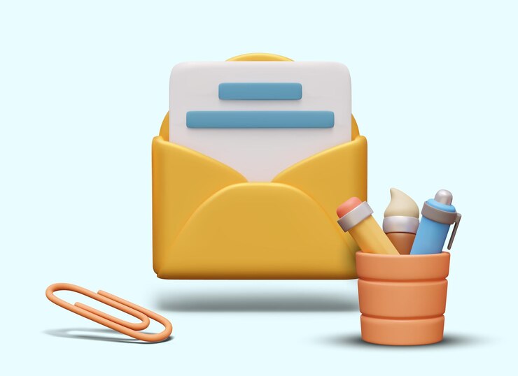 Vector sobre abierto en 3d, lápiz, taza, clip de papel y artículos de papelería modernos