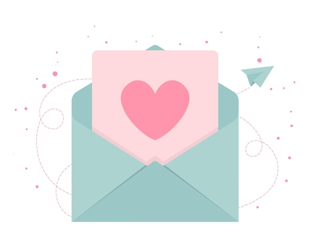 Sobre abierto con carta con corazones. El concepto de enviar mensajes. Enviar o recibir carta, correo