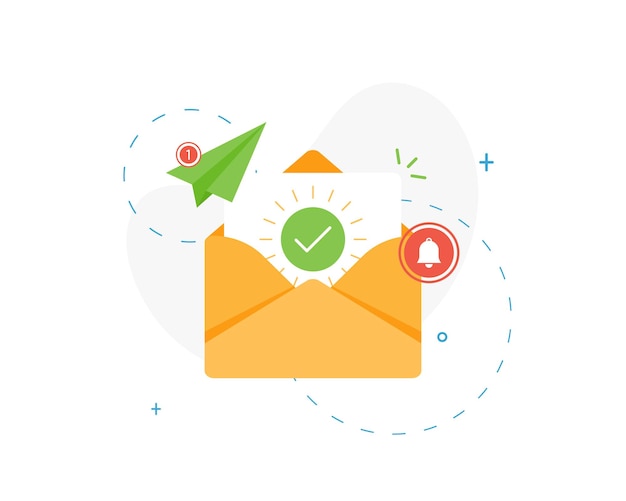 Sobre abierto con documento y marca de verificación verde redonda para marketing por correo electrónico