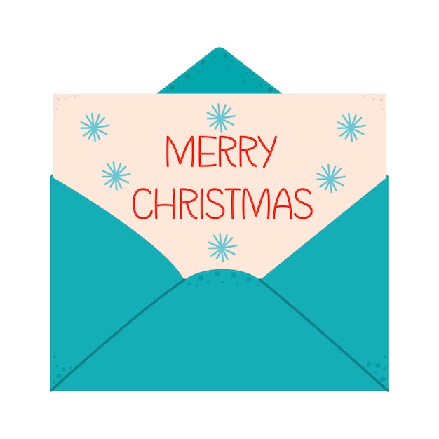 Sobre abierto festivo con letra Feliz Navidad aislada sobre fondo blanco Concepto navideño Ilustración vectorial de carta navideña en sobre aislada sobre blanco