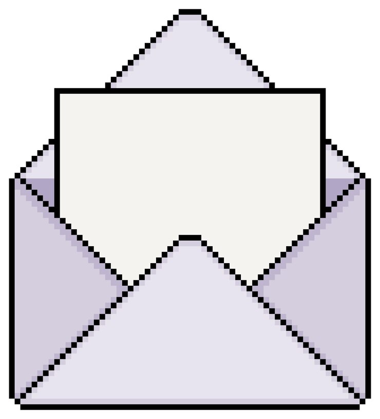 Vector sobre abierto de pixel art con papel en blanco, icono de vector de correo electrónico abierto para juego de 8 bits sobre fondo blanco