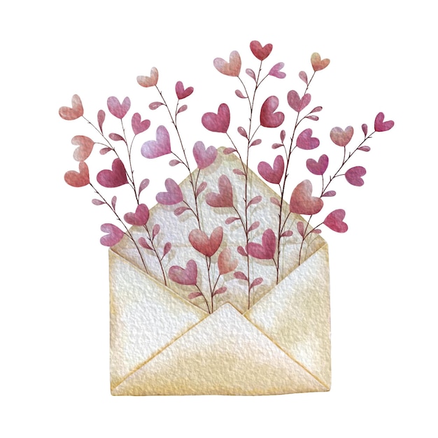 Sobre abierto con ramas de flores de corazón carta de amor para el día de san valentín