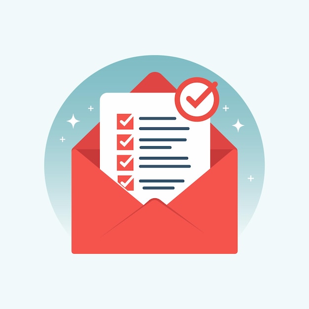 Sobre abierto rojo con lista de verificación y marca de verificación Concepto de aprobación de documento o correo electrónico aprobado