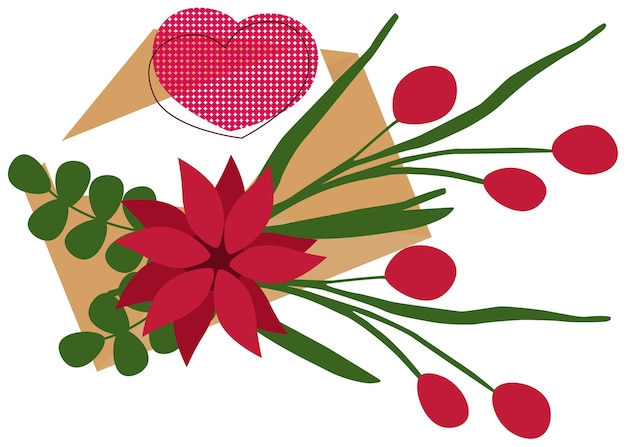 Vector sobre de amor con una flor y hojas verdes.