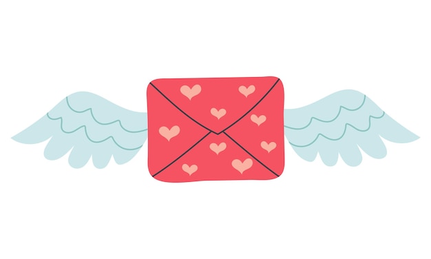 Sobre de amor volador con alas. Mensajes de amor para el día de los enamorados. ilustración vectorial