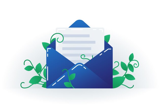 Sobre azul abierto con una carta con hojas verdes alrededor de los bordes