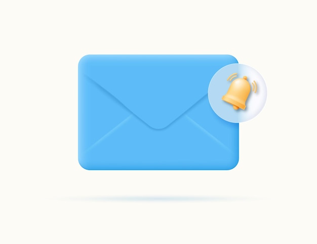 Sobre azul cerrado con burbuja de habla y campana amarilla Notificación de nuevo mensaje Recibir un correo electrónico Recordatorio o suscripción a un boletín de noticias Ilustración de dibujos animados vectoriales 3d