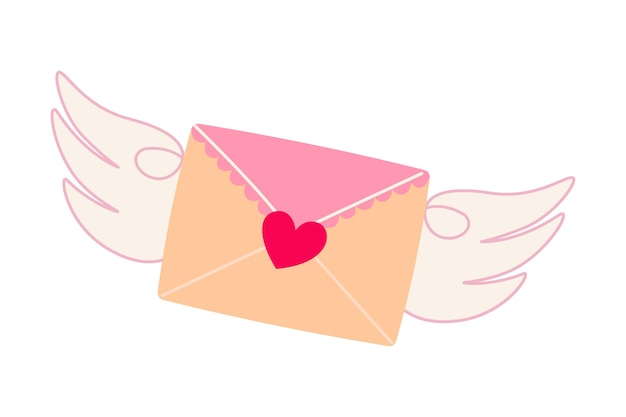 Sobre de carta de amor con corazón y alas ilustración vectorial de dibujos animados del día de san valentín