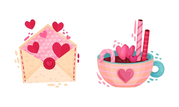 Sobre con carta de amor y taza con chocolate caliente como conjunto vectorial de símbolos del día de San Valentín