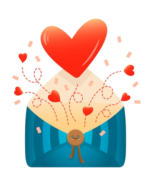 Sobre de carta de tarjeta de vector de color brillante con pequeños corazones y un gran corazón rojo volando fuera de él
