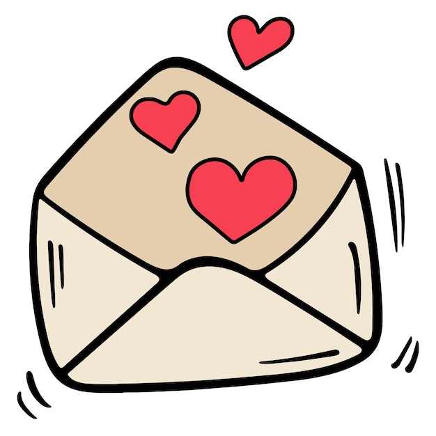 Sobre de carta de vector de garabato coloreado con corazón Logotipo o icono dibujado a mano con línea negra delgada